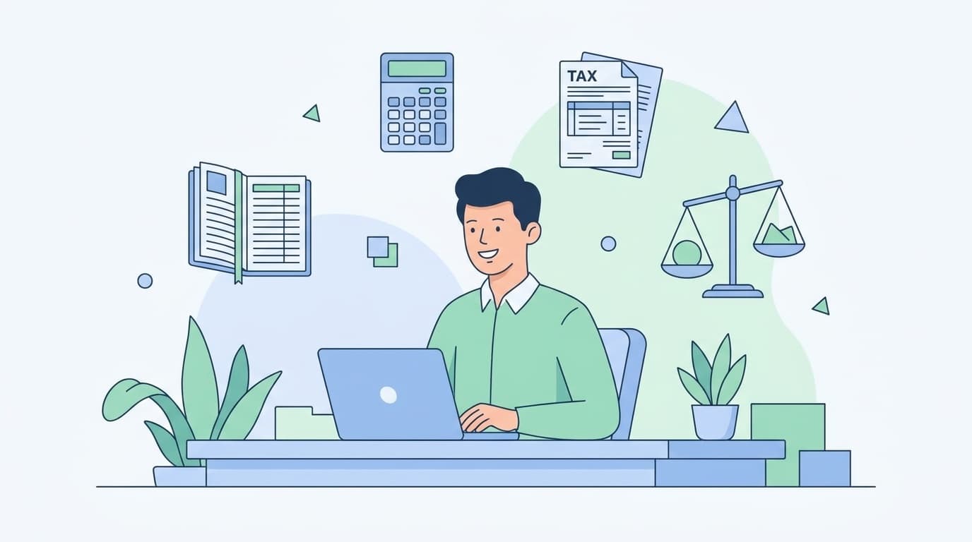 副業の事業所得と雑所得の違いを比較するイメージ — デスクでノートPCと帳簿を開いて確定申告の判断をしている人のイラスト