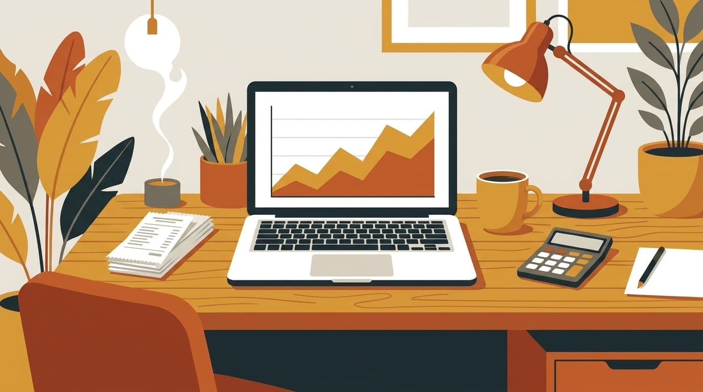 副業で使うコワーキングスペースのデスクにノートパソコン、コーヒーカップ、レシート、電卓が並ぶイラスト