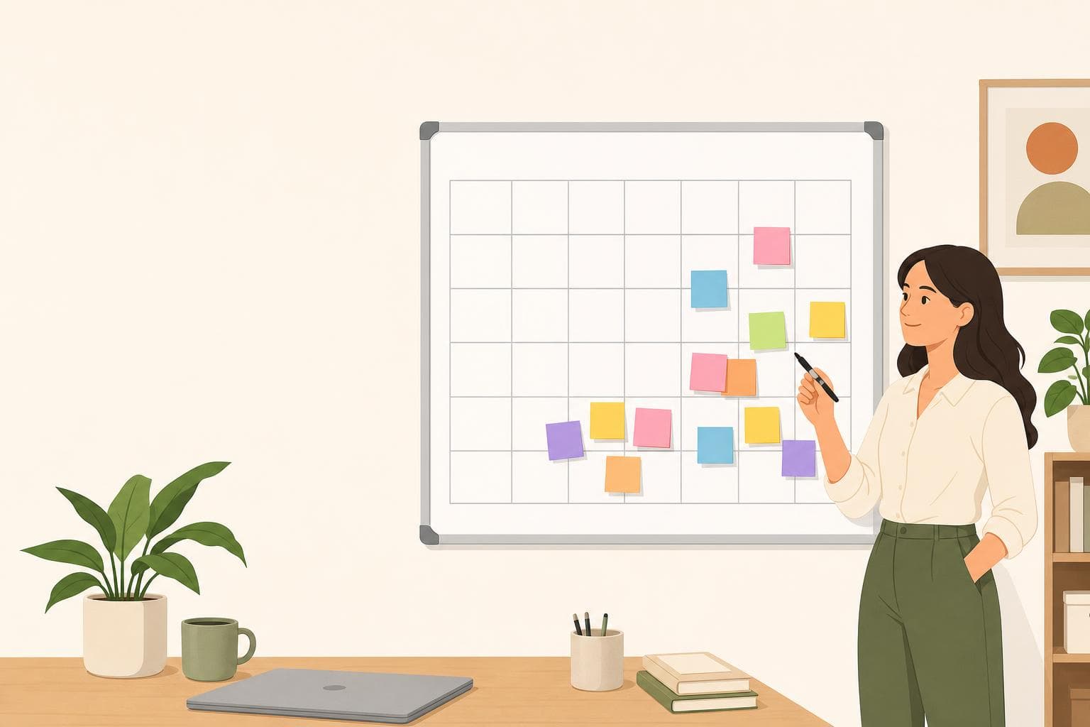 副業の案件スケジュール表をホワイトボードで管理する在宅ワーカーのイラスト