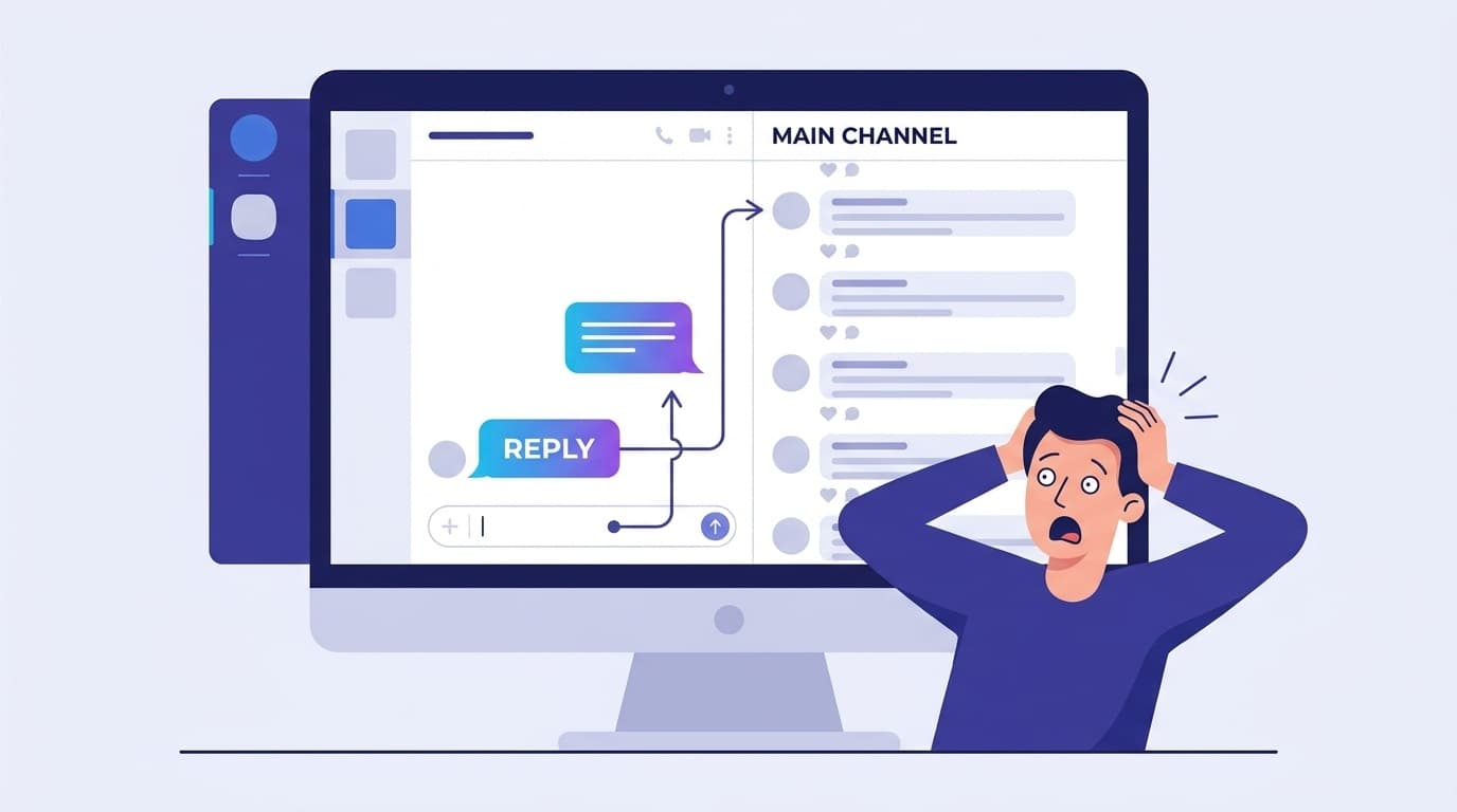 Slackでスレッドとチャンネルを間違えて投稿してしまったイメージイラスト