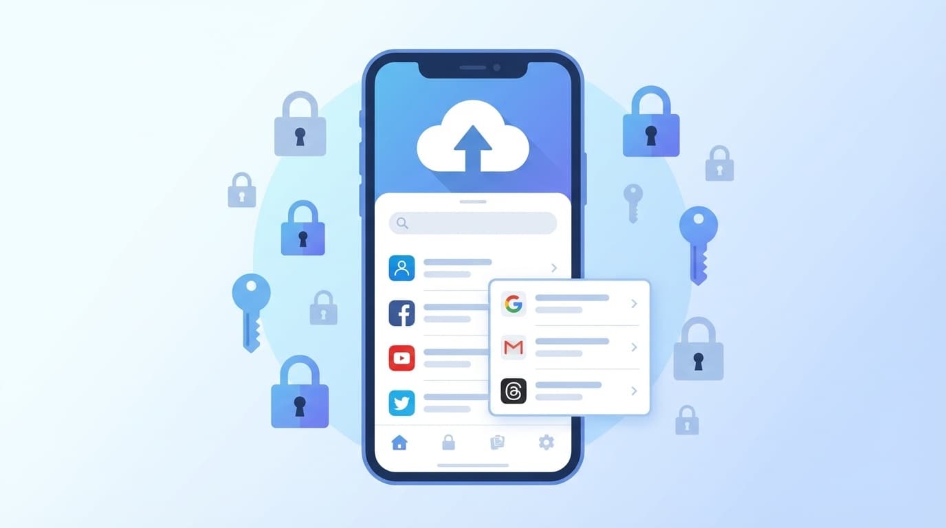 スマホの画面にパスワードマネージャーとクラウド同期のアイコンが表示されているイラスト