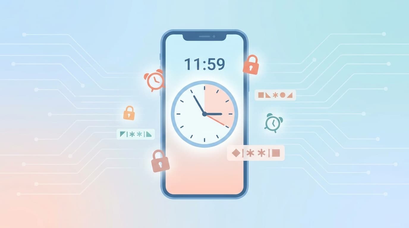 スマホの時計がズレている様子を表すイラスト。アラームと認証コードのアイコンが浮かんでいる
