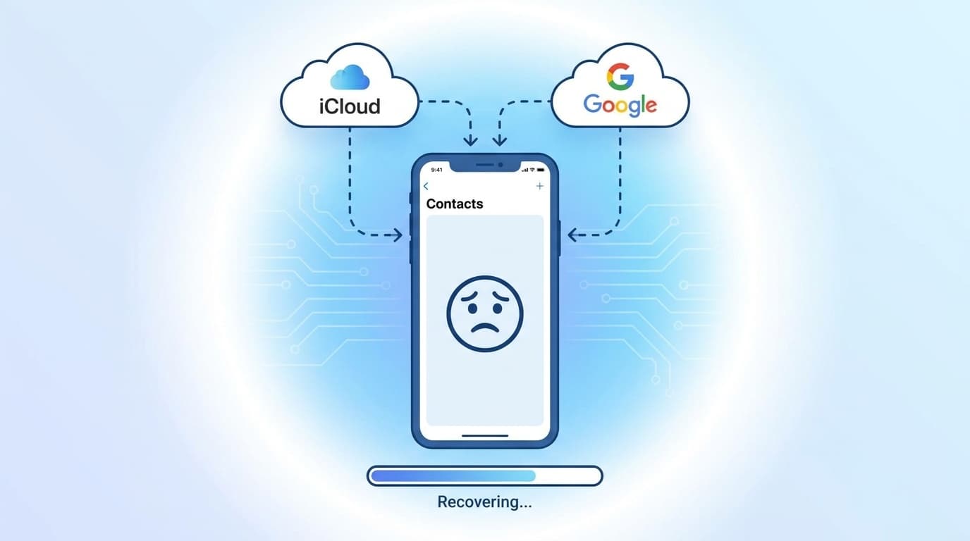スマホの連絡先が消えてクラウドから復元するイメージイラスト