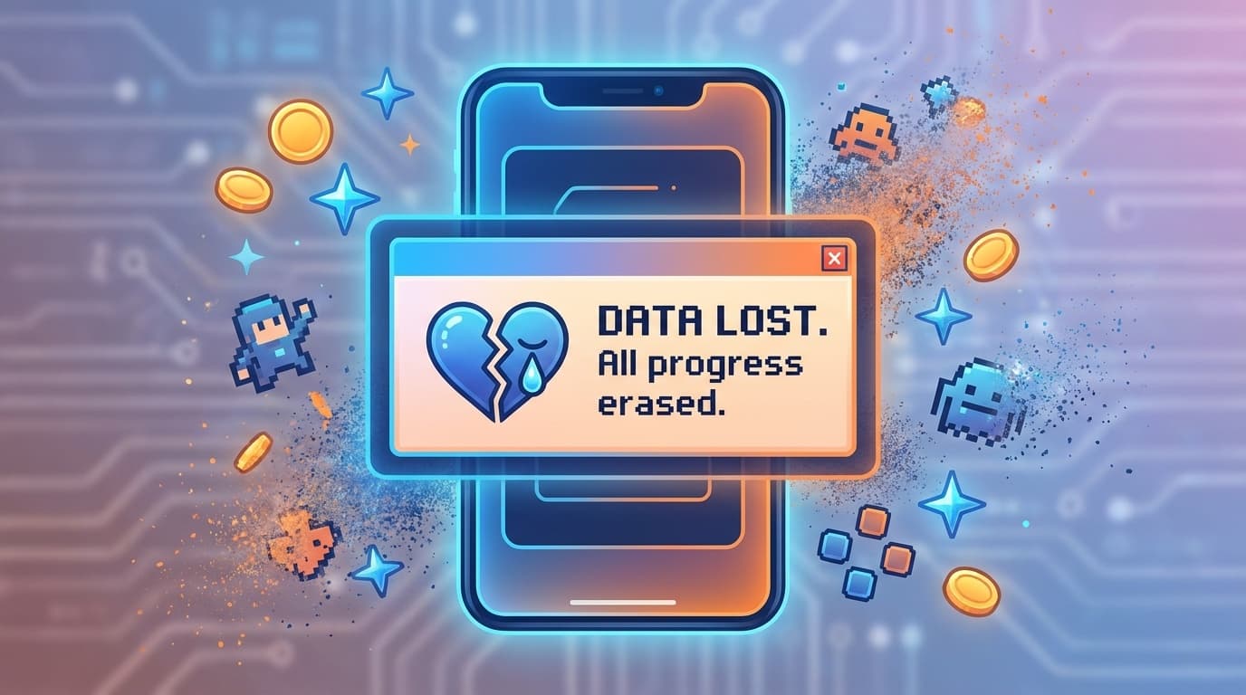 スマホゲームのデータが消えたイメージ — ゲームアイコンが消えていくスマートフォン画面のイラスト