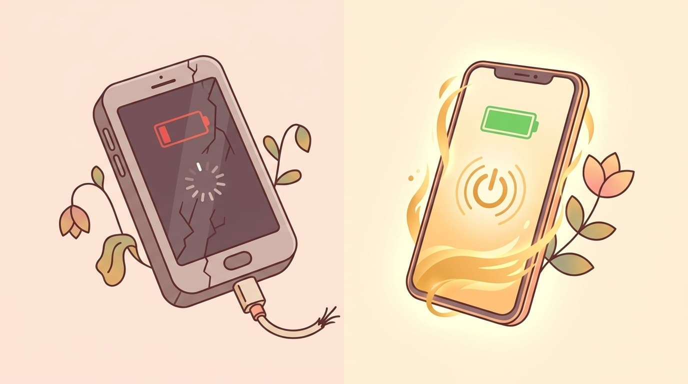 バッテリー残量が少ないスマホと新しいスマホのイラスト