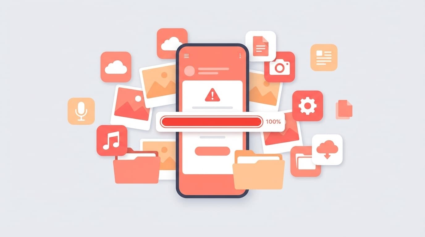 スマホのストレージがいっぱいで空き容量が不足している画面のイラスト