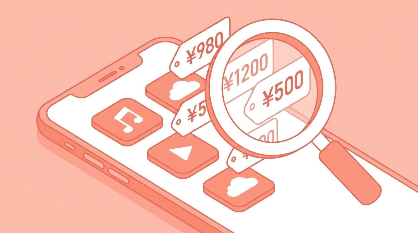 スマートフォンの画面に表示されたサブスクリプションアプリのアイコンと料金タグを虫眼鏡で確認しているイラスト