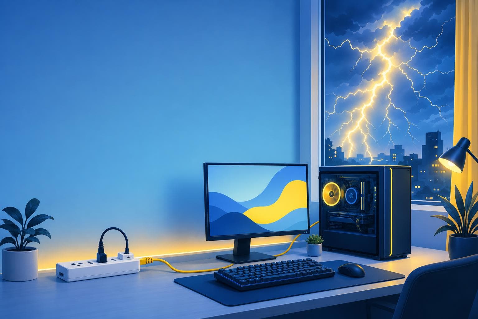 雷サージからパソコンを守る雷ガード電源タップとLANケーブル対策のイラスト