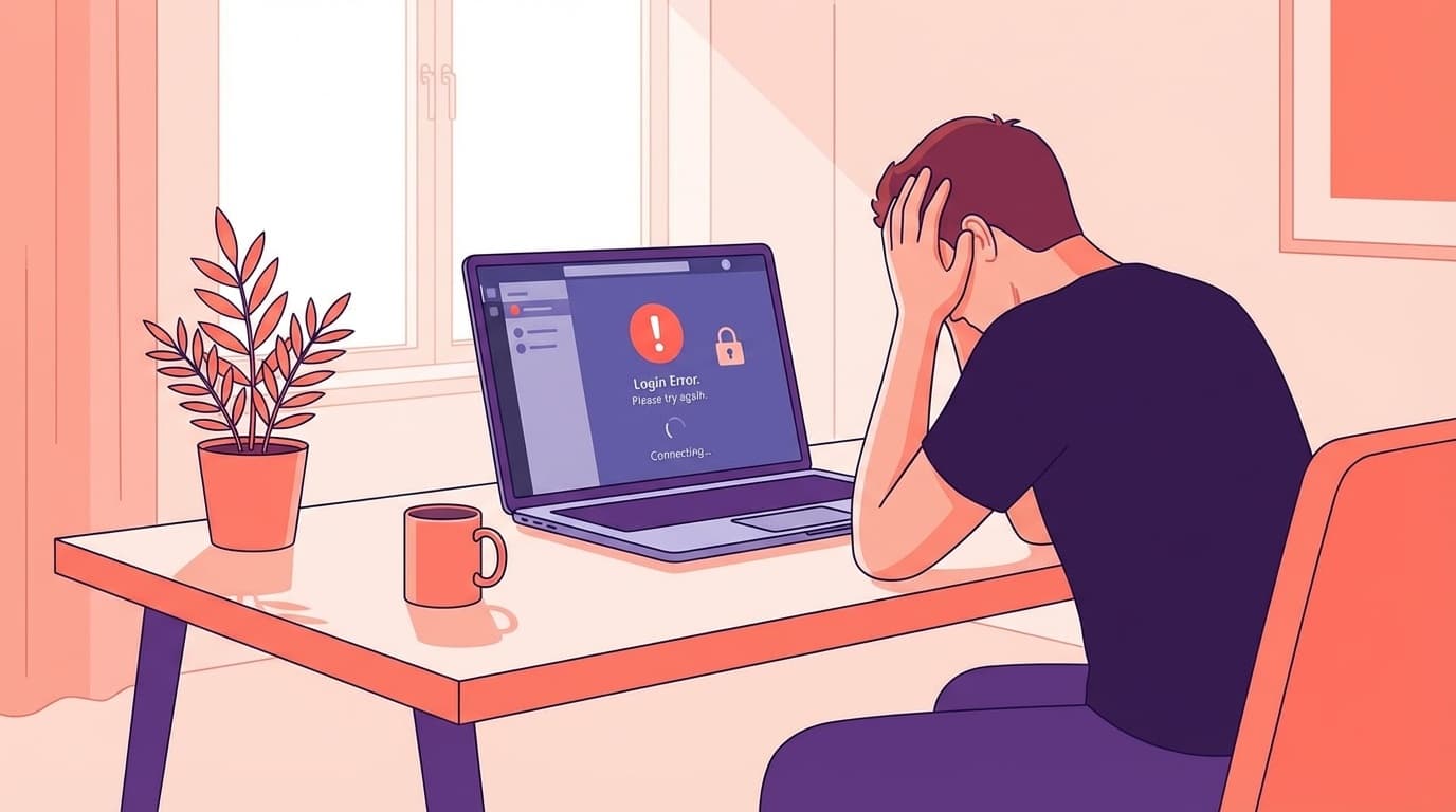 Teamsのログインエラー画面を前にして困っている人のイラスト