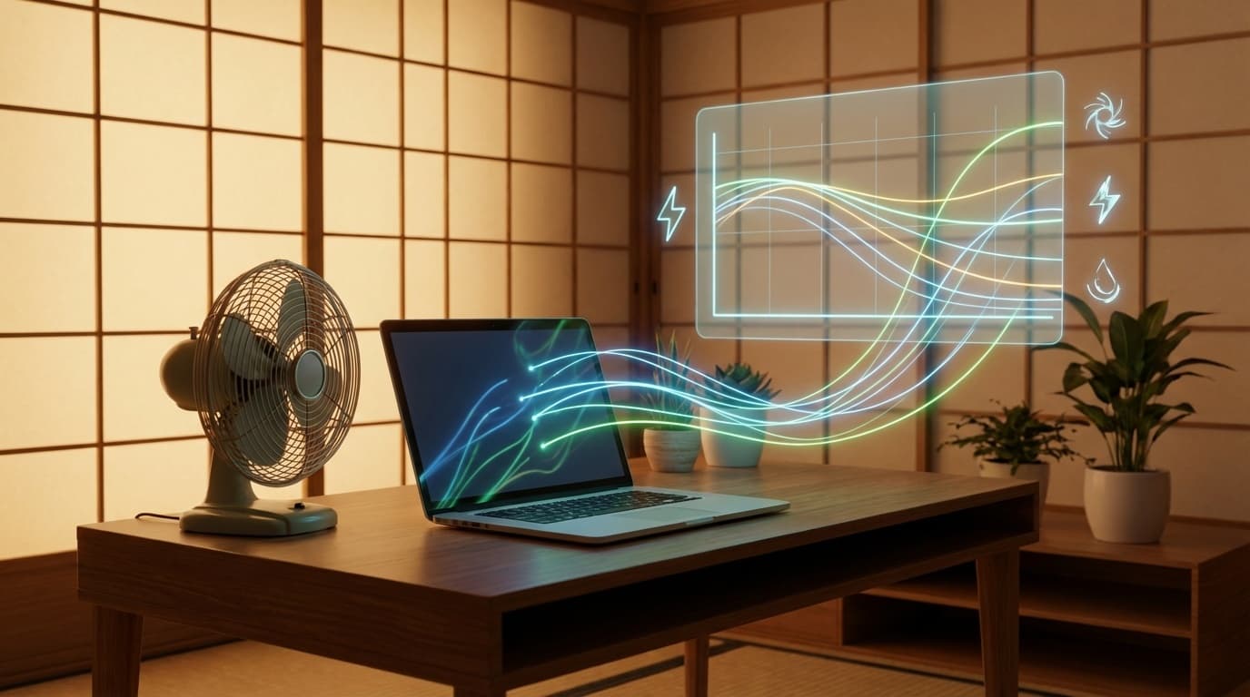 在宅勤務のデスクとノートPCがある部屋で電気代の節約をイメージしたイラスト