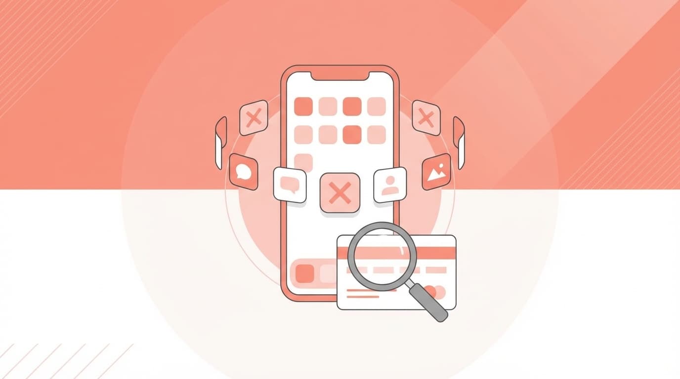 スマートフォンの画面にサブスクリプションアプリのアイコンが浮かび、クレジットカード明細を虫眼鏡で確認するイメージイラスト