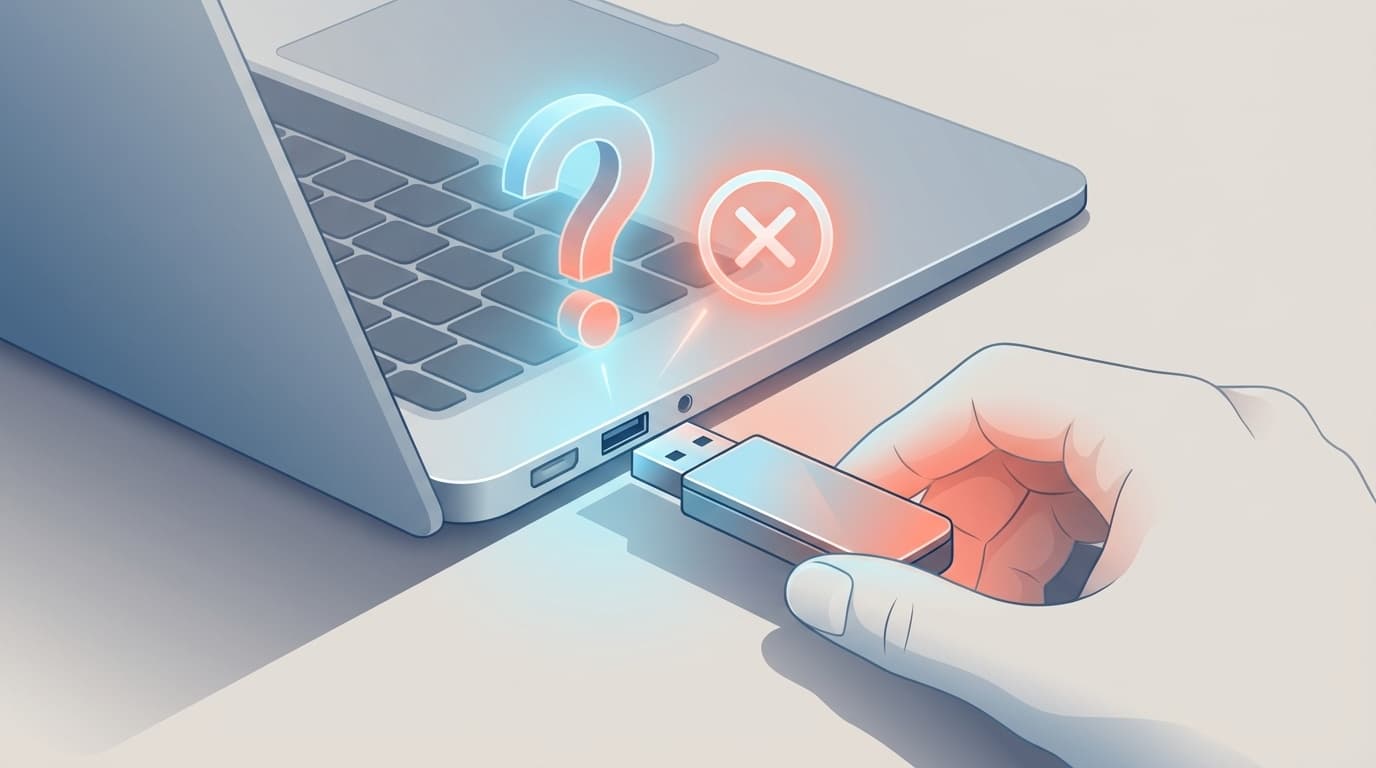 USBメモリをパソコンに挿しても認識されないトラブルのイメージ