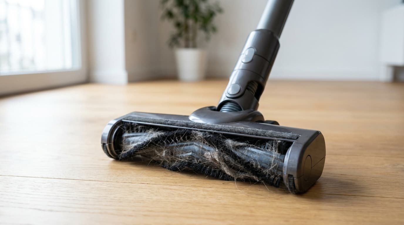 掃除機のヘッドを裏返して回転ブラシに絡まった髪の毛を確認している様子