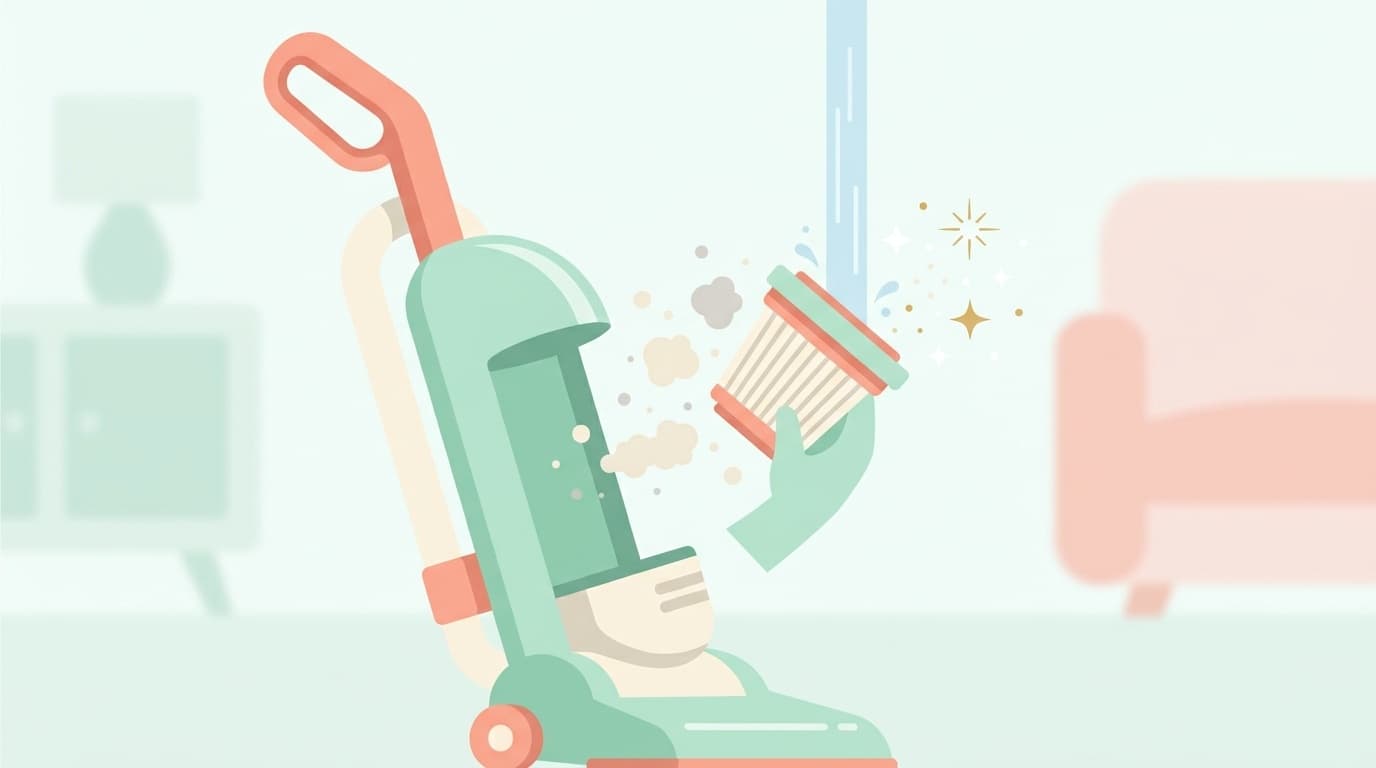 掃除機のフィルターを取り外して掃除している様子のイラスト