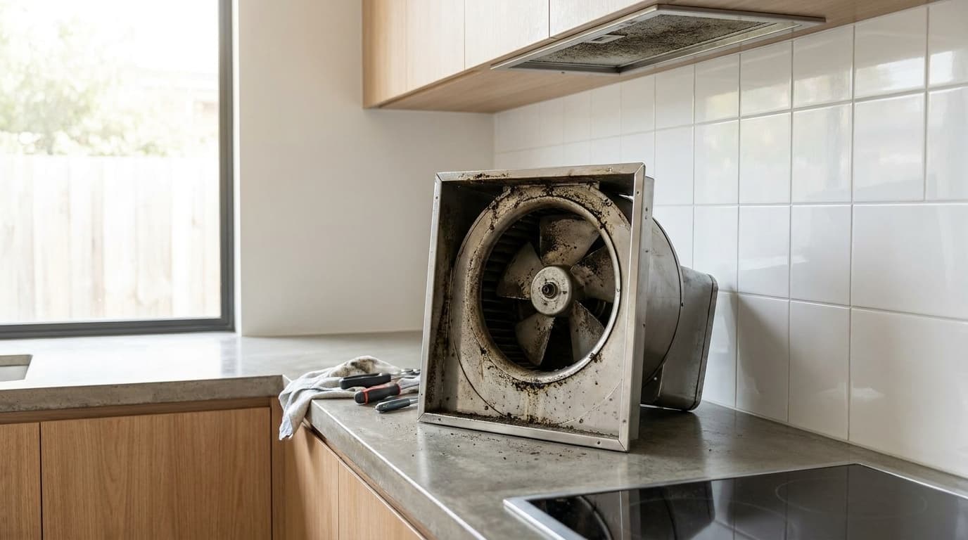 汚れが溜まったキッチン換気扇のファンを分解して掃除する様子