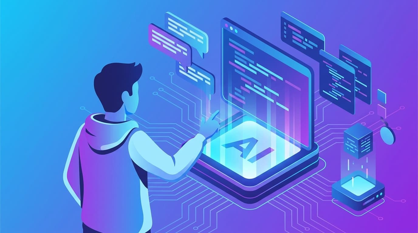 AIターミナルに日本語で話しかけてコードを生成するバイブコーディングのイメージイラスト