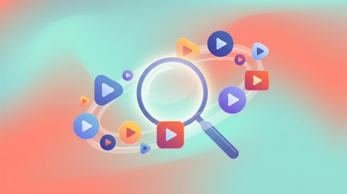 動画配信サービスの横断検索を表すイラスト。虫眼鏡の周りに再生ボタンが浮かぶデジタルアートイメージ