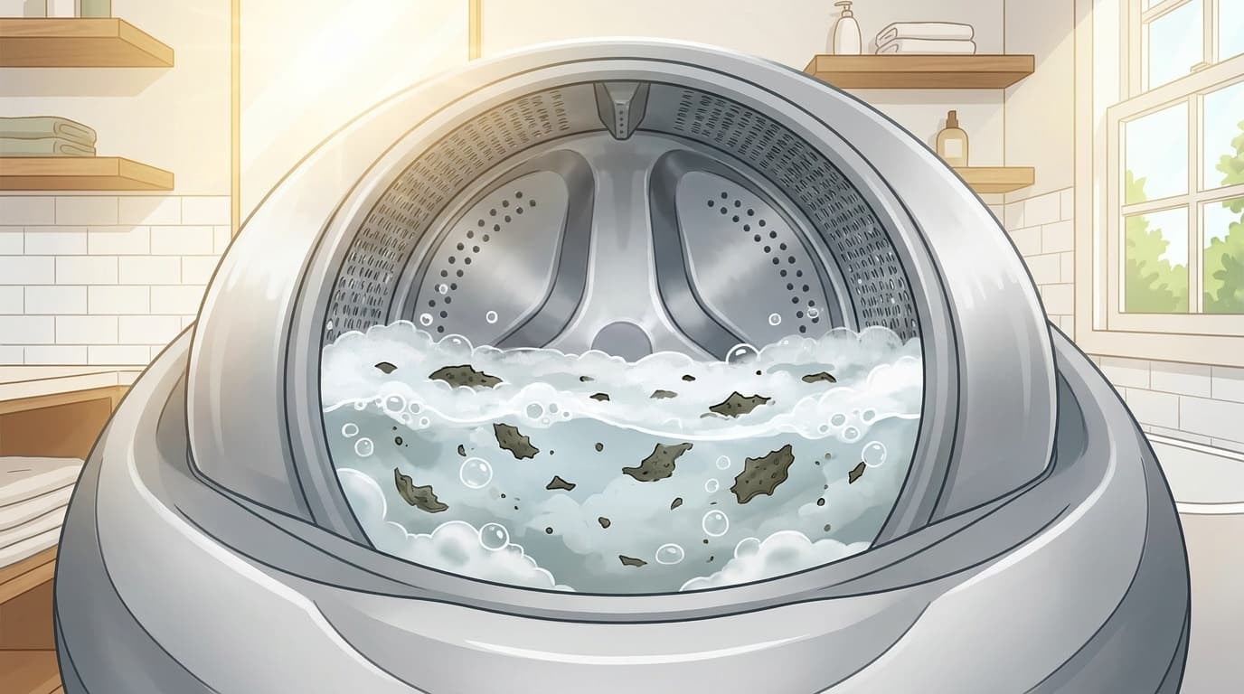 洗濯槽の中に浮かぶ黒カビのワカメ状汚れと泡立つ洗浄水のイラスト