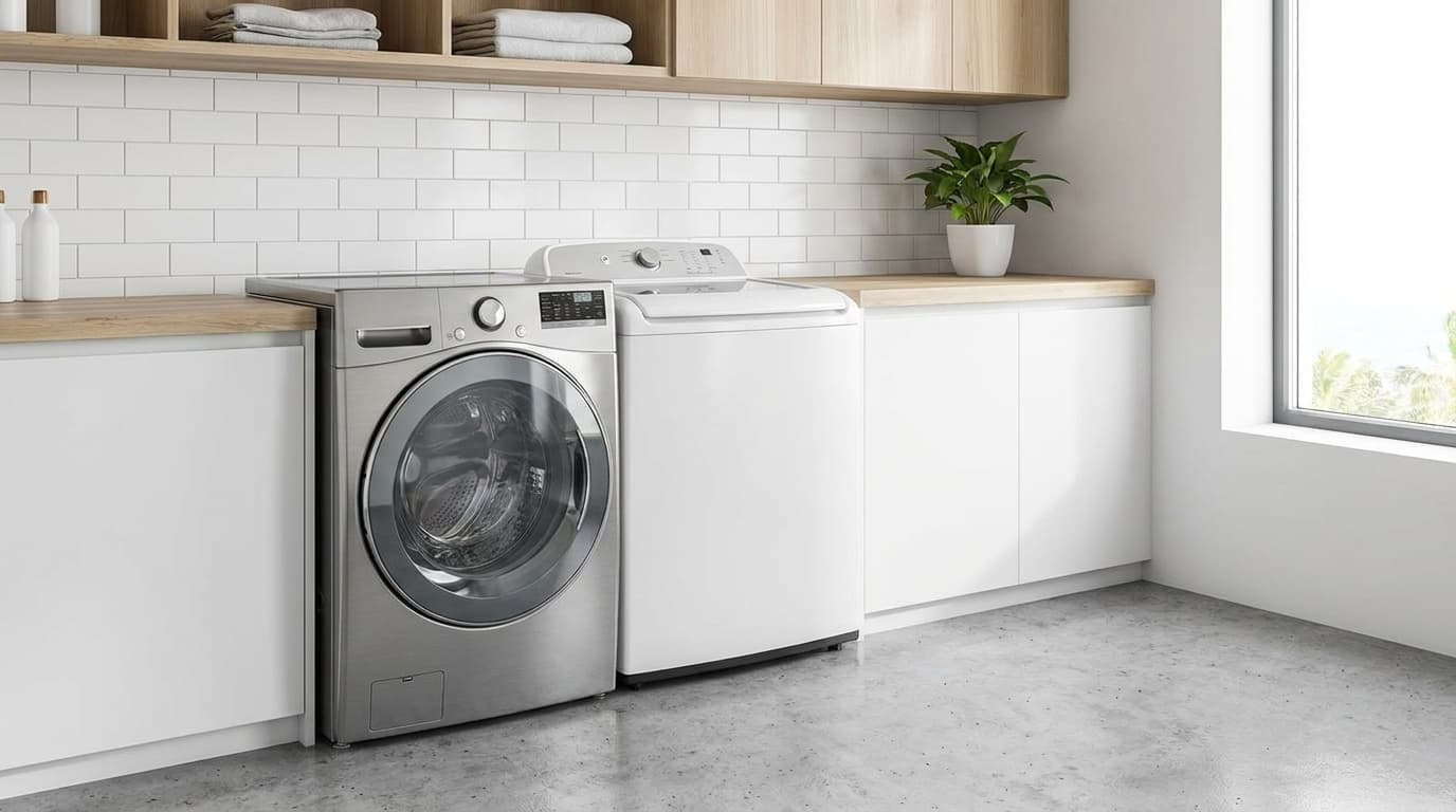 ドラム式洗濯機と縦型洗濯機が並んだモダンなランドリールーム