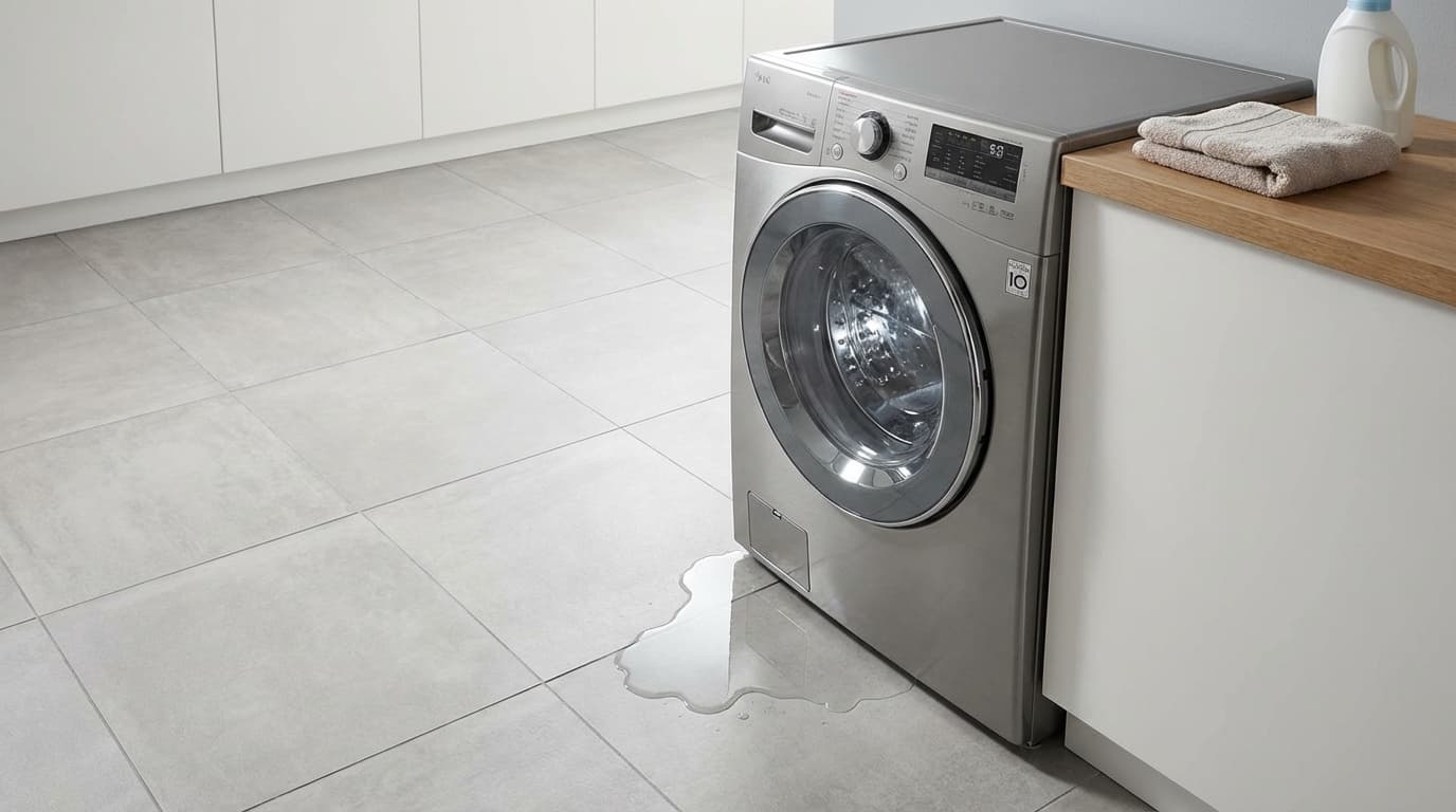 洗濯機の底から水が漏れて床に水たまりができている様子