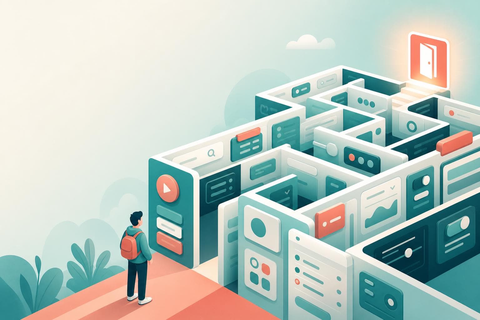 UIの迷路の中で退会ページの出口を探す人物のイラスト