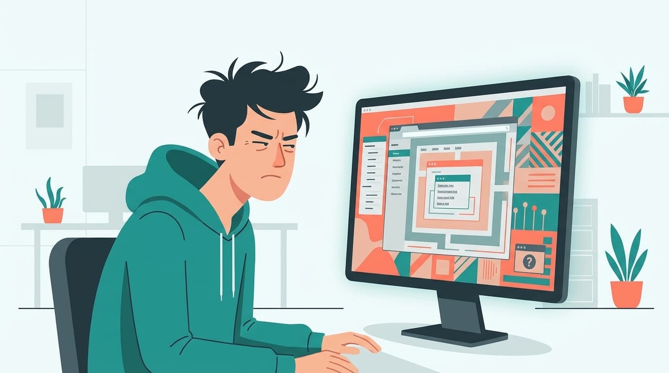 Webサービスの退会ボタンが見つからず迷路のようなメニューを探している人のイラスト