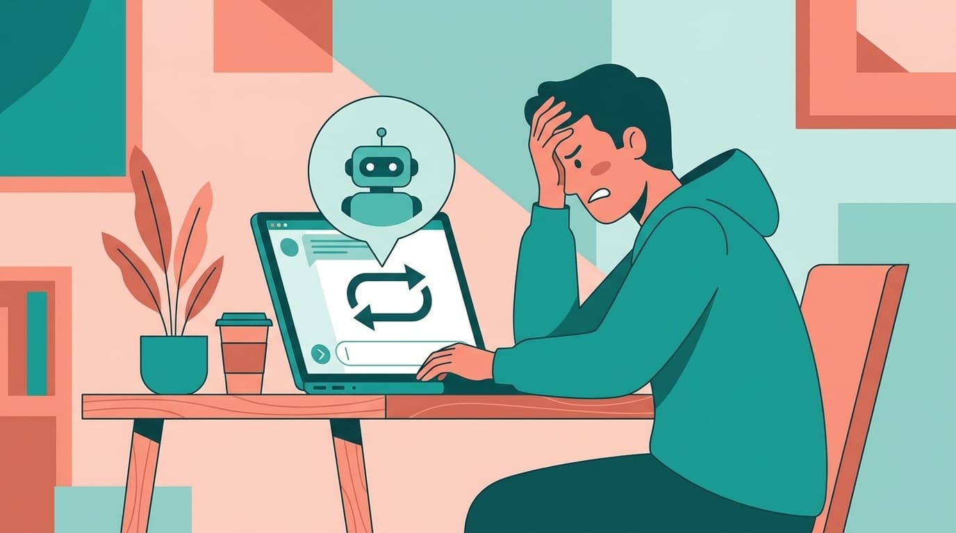 AIチャットボットの繰り返し応答に困っている人のイラスト