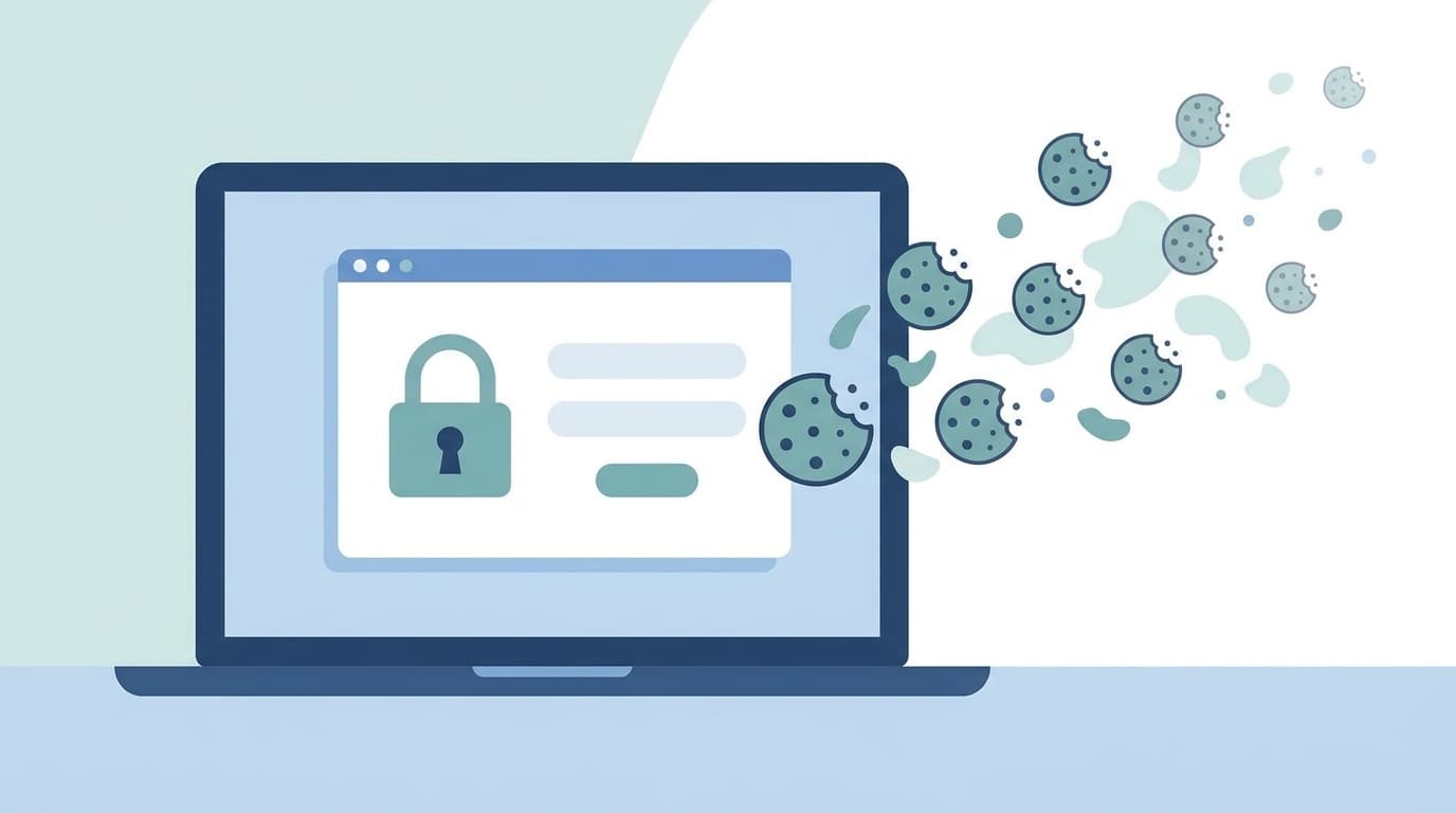 Webサービスの自動ログアウトとセッション切れを表すイラスト — ログイン画面とCookieが消えていく様子