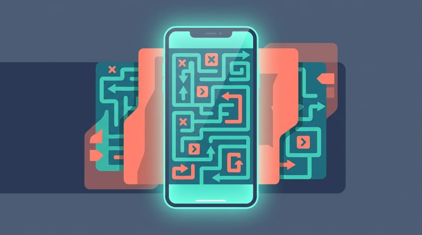 Webサービスの退会ページが迷路のように隠されている様子を表すイラスト