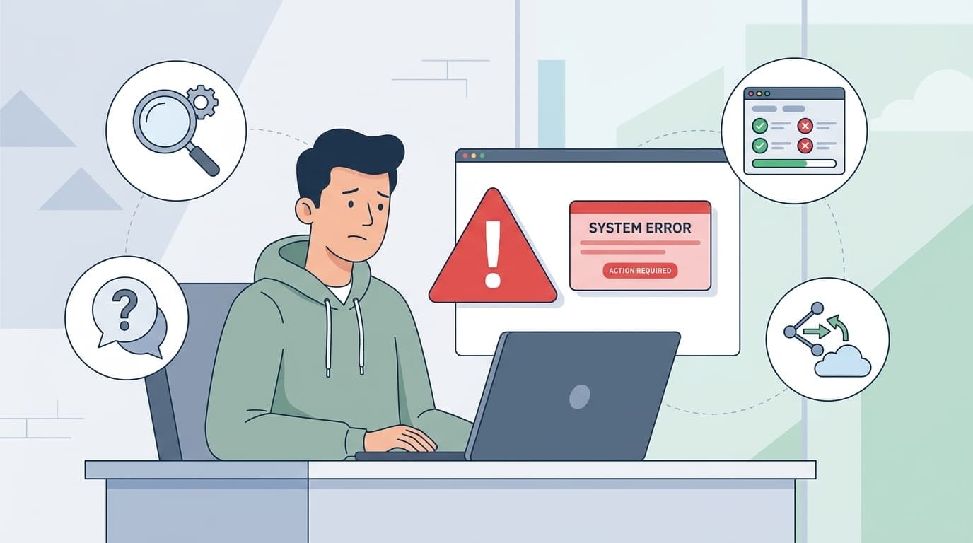 Webサービスの障害を確認する方法のイメージ:ノートパソコンにエラー画面が表示され、周囲に診断ツールのアイコンが浮かんでいるイラスト