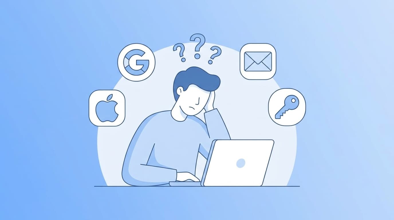 ノートパソコンの前でGoogleログインやメール登録など複数のログイン方法に困惑している人のイラスト