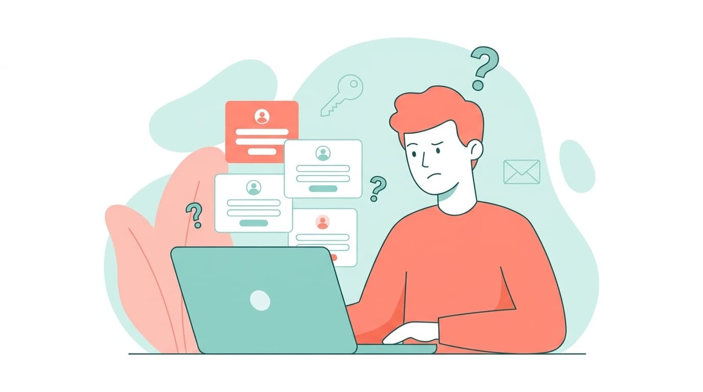 Webサービスのログイン画面で登録メールアドレスがわからず困っている人のイラスト