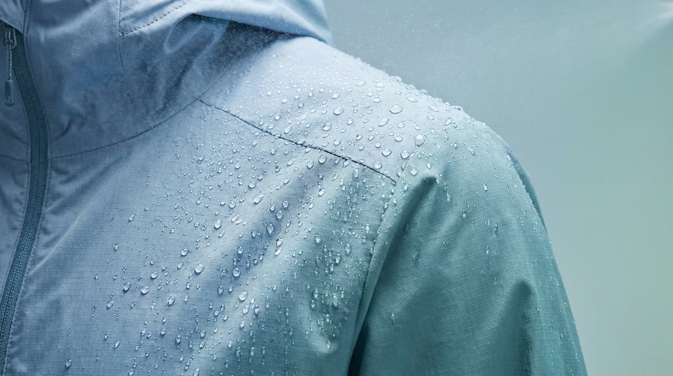 ウインドブレーカーの表面で水滴が玉のように弾かれている様子