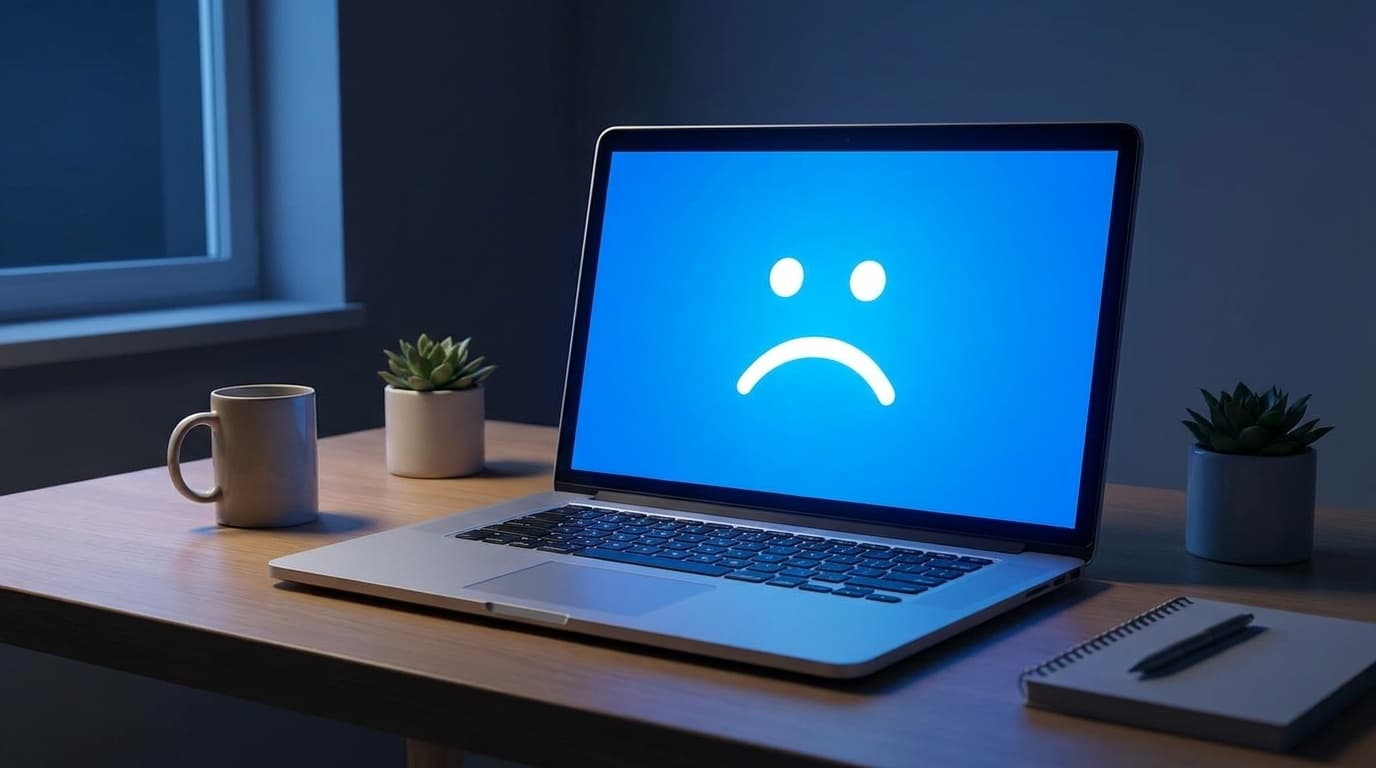 パソコンの画面にブルースクリーン(青い画面)のエラーが表示されているイラスト