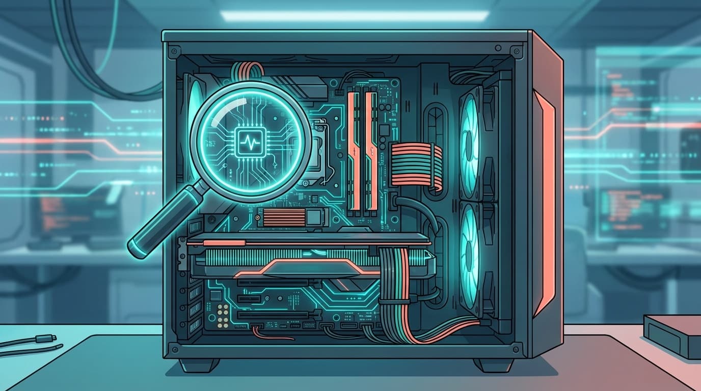 デスクトップPCの内部パーツを虫眼鏡で診断しているイラスト