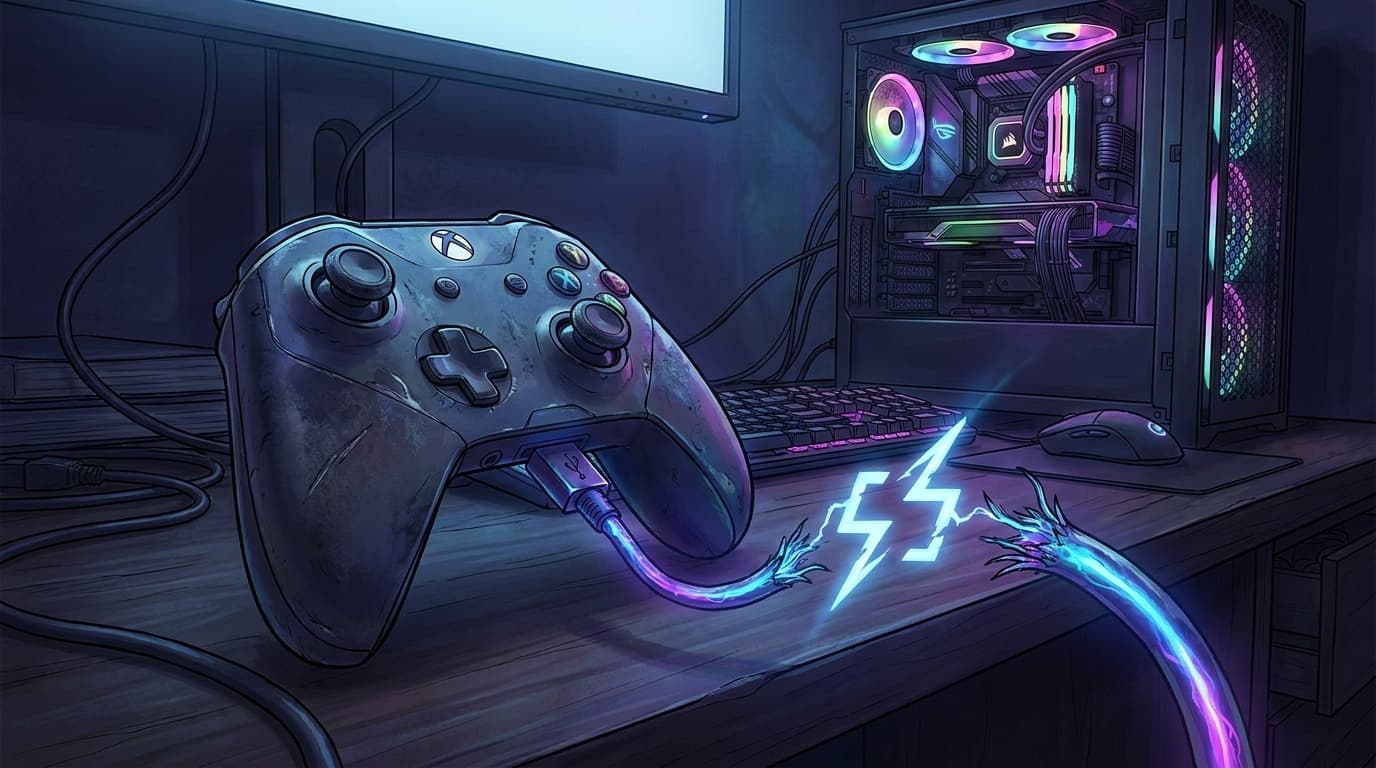 ゲーミングPC横でUSBケーブルが切断されているゲームコントローラーのイラスト