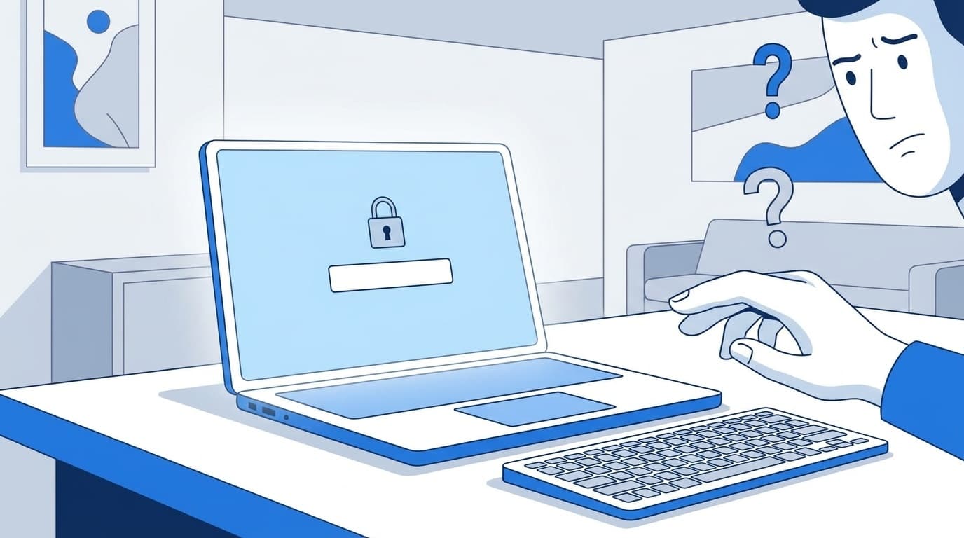 Windowsのサインイン画面でパスワード入力に困っている様子のイラスト