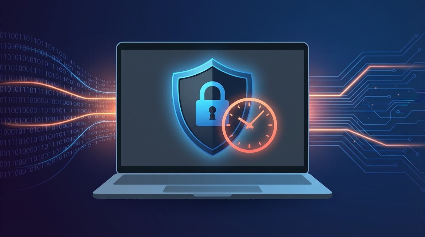 セキュアブート証明書の期限切れを表すシールドアイコンとタイマーが表示されたノートパソコンのイラスト