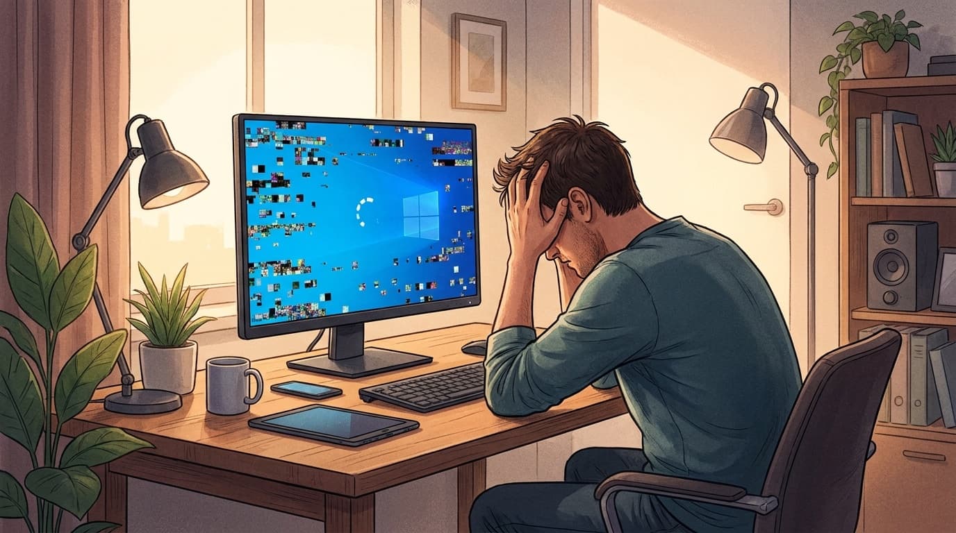 Windows Updateの後にパソコンが再起動を繰り返す・画面がモザイク化するトラブルのイメージ