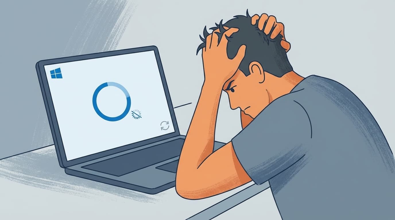 Windows Updateの後にPCがフリーズして困っている様子のイラスト