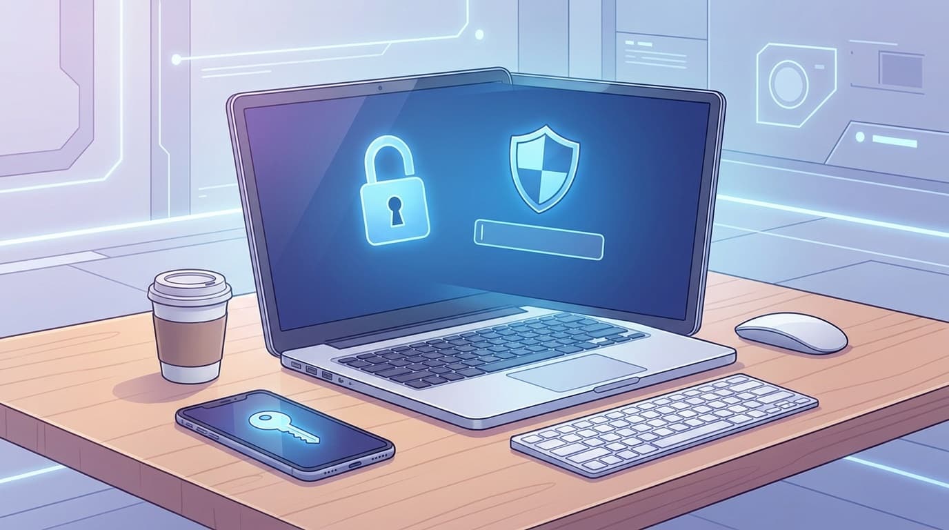 BitLocker回復キー入力画面が表示されたPCとスマホで回復キーを検索する様子のイラスト