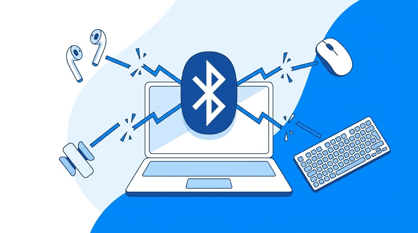 Windows 11でBluetoothが繋がらないトラブルのイメージ — ノートパソコンとワイヤレスデバイスの接続エラー