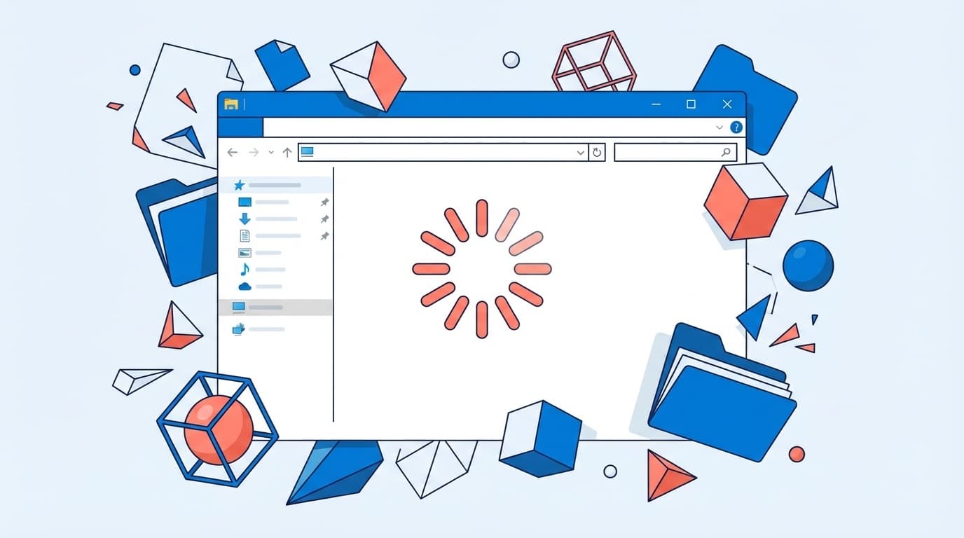 Windows 11のエクスプローラーがフリーズしている様子を表すイラスト