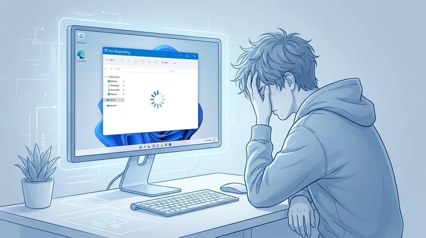 Windows 11のエクスプローラーが応答なしで固まっている画面を見つめる人のイラスト