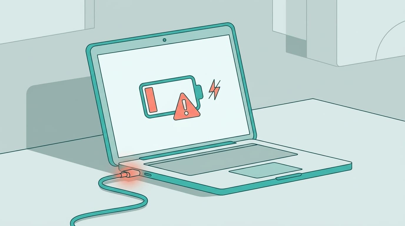 ノートPCに充電ケーブルが接続されているがバッテリーが充電されない様子を示すイラスト