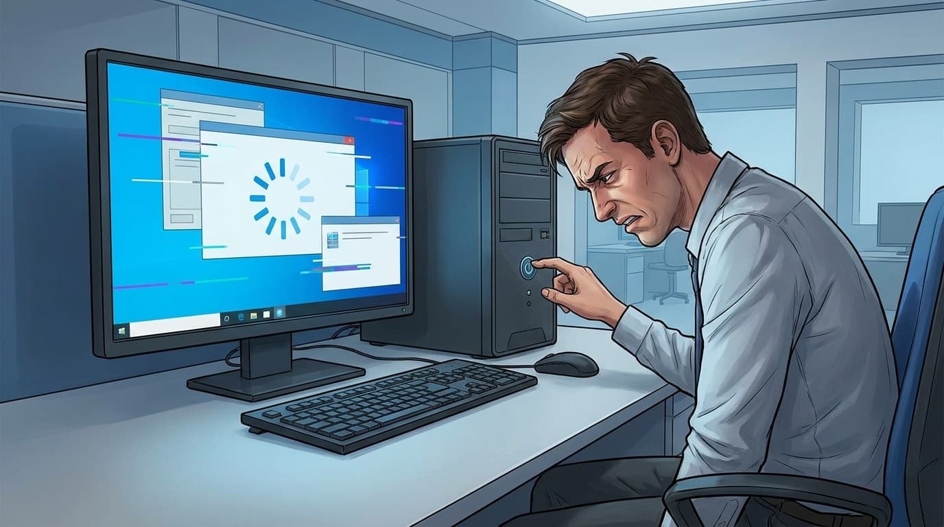 フリーズしたパソコンの画面と電源ボタンに手を伸ばす人のイラスト