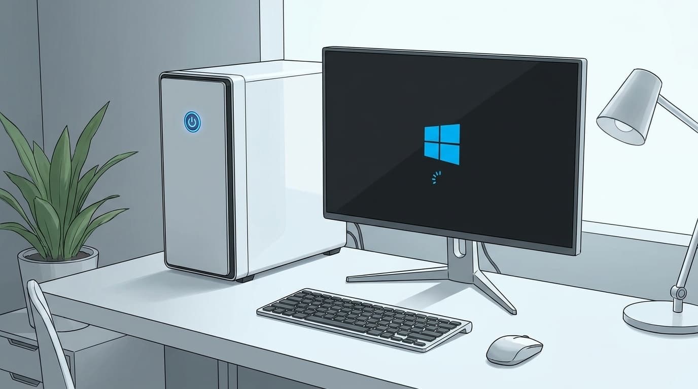 フリーズしたデスクトップPCの画面と電源ボタン