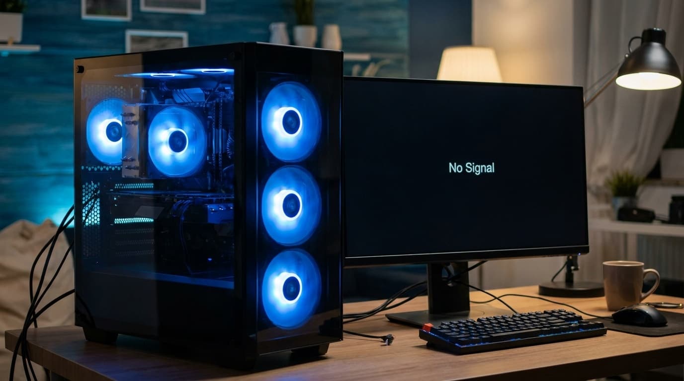 デスクトップPCのファンが回っているのにモニターにNo Signalと表示されている様子
