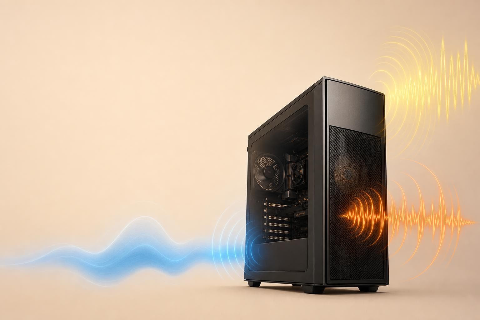パソコンから異音が出ている様子を表すイラスト。デスクトップPCから音の波形パターンが放射状に広がっている
