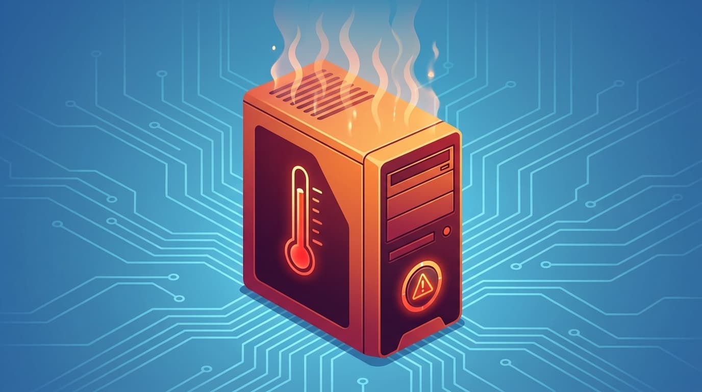 デスクトップPCから熱波が立ち上り、温度計が高温を示しているイラスト